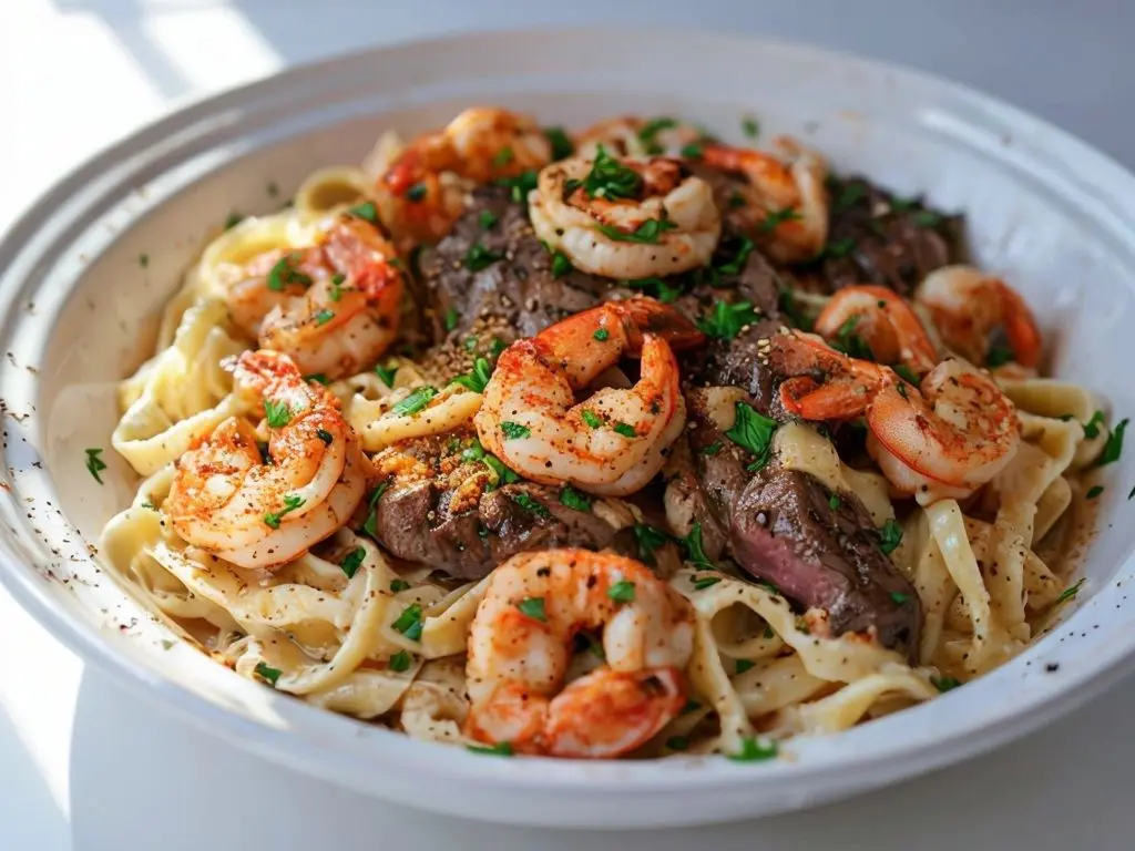 Cajun Shrimp and Steak Alfredo Pasta